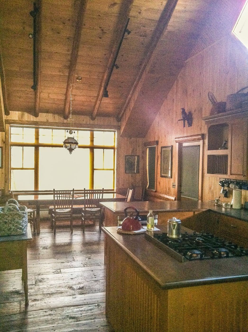 Finished kitchen and dining area under a pine ceiling with log rafters